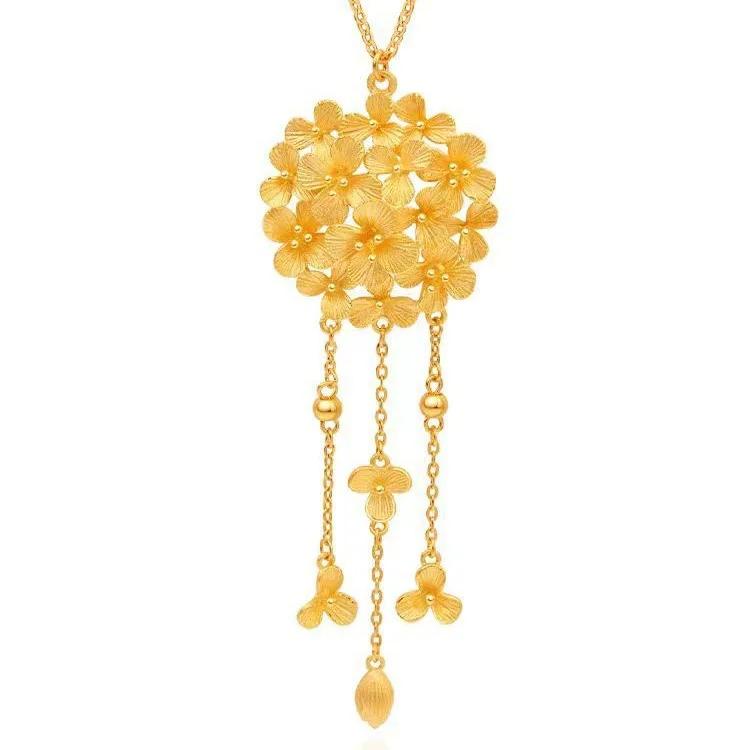9999 Real Gold 24K Yellow Gold Hydrangea Tassel Necklace Fashion Antique Niche