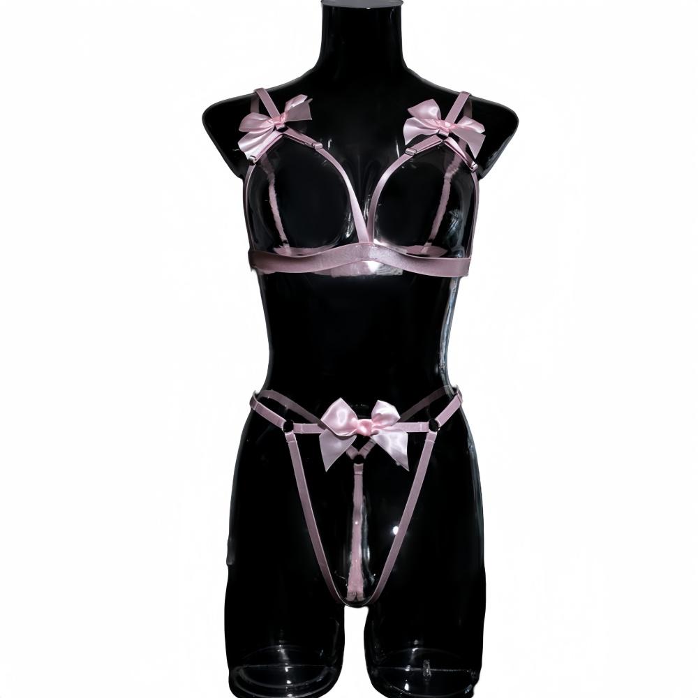 Sexy Open Breast Breasts Bowknot Erotic Lingerie Two Piece Sets Fancy Hollow Underwear Naked Bra And Thong Exotic Set Sex Suit