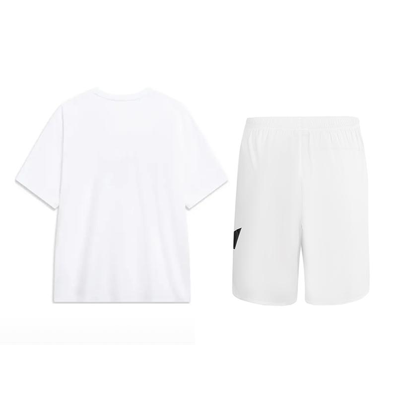 Li Ning American Vintage Round Neck Short Sleeve Elastic Waist Five Point Pants Casual Sports Suit Unisex Suit White AHSU803-1+YKSU157-1