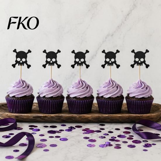 Halloween Baking Supplies 8 Pcs Glitter Cupcake Picks, Spooky Black Skull Durable Cake Topper Toppers, Gothic Birthday Party Decoration for