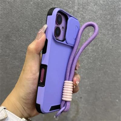 Armor Slide Window Protection Wrist Strap Cord Case for iPhone 17 Air 16 15 13 12 11 14 Pro Max Solid Color Bumper Lanyard Cover
