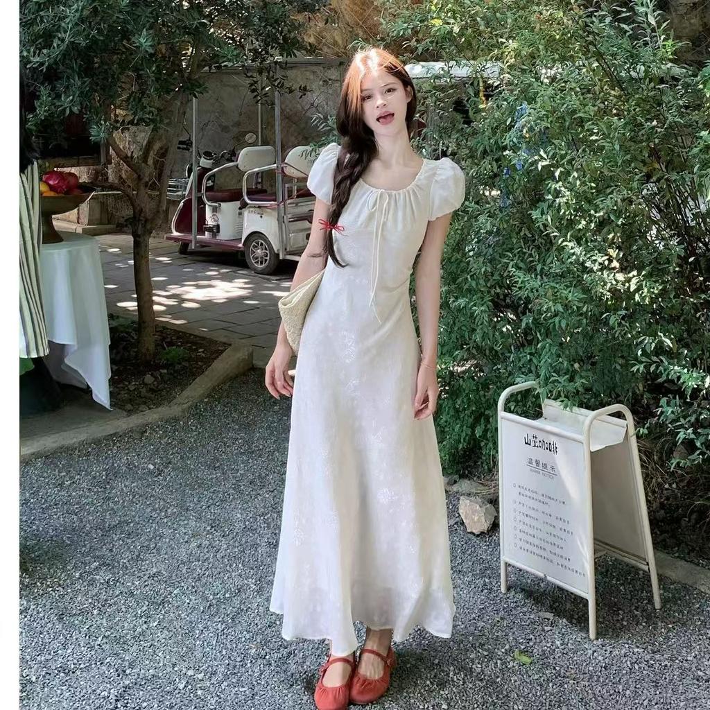Summer waist temperament design senior sense gentle long dress French coffee break elegant jacquard short sleeve dress female tide
