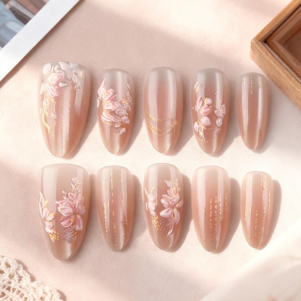 30-Piece Sweet Pink Flower Embossed Cat Eye Short Almond Detachable False Nails