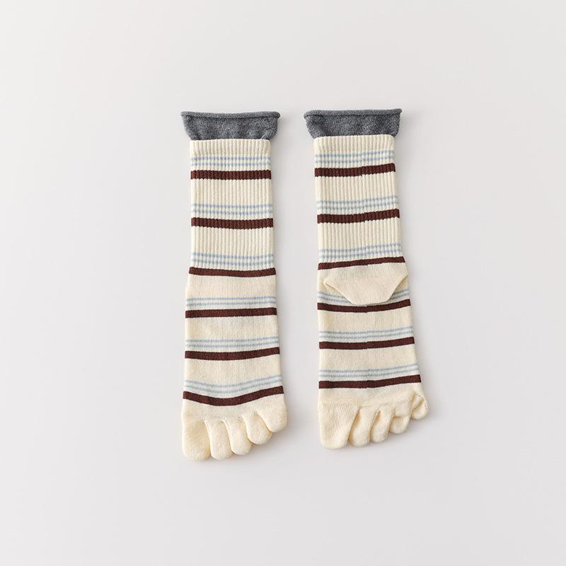 Striped Five-fingered Socks for Women, Mid-length Sports Anti-odor and Sweat-absorbing Socks, Girls' Spring and Autumn Ankle Socks
