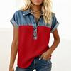 Camicie Patchwork in Denim da Donna Collo Alto Blusa Casual Manica Corta Maglietta Comoda Moda Primavera Estate