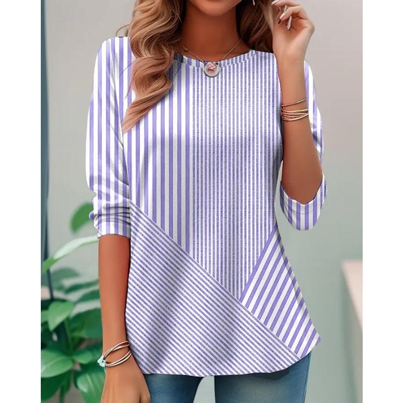 Spring and Autumn Round Neck 3D Striped Graphic Printed Top Fashionable Casual Long Sleeved Women's T-shirts