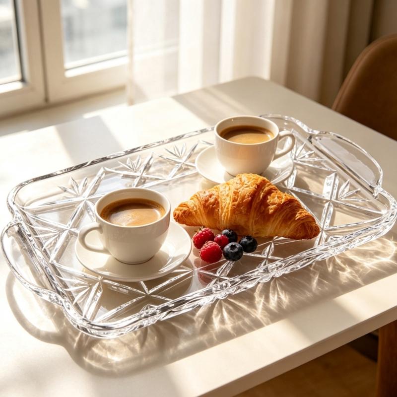 Rectangular Crystal Serving Tray Platter Decorative Tray with a Clear Body, Faceted Pattern and Raised Border for Arranging and Presenting Household