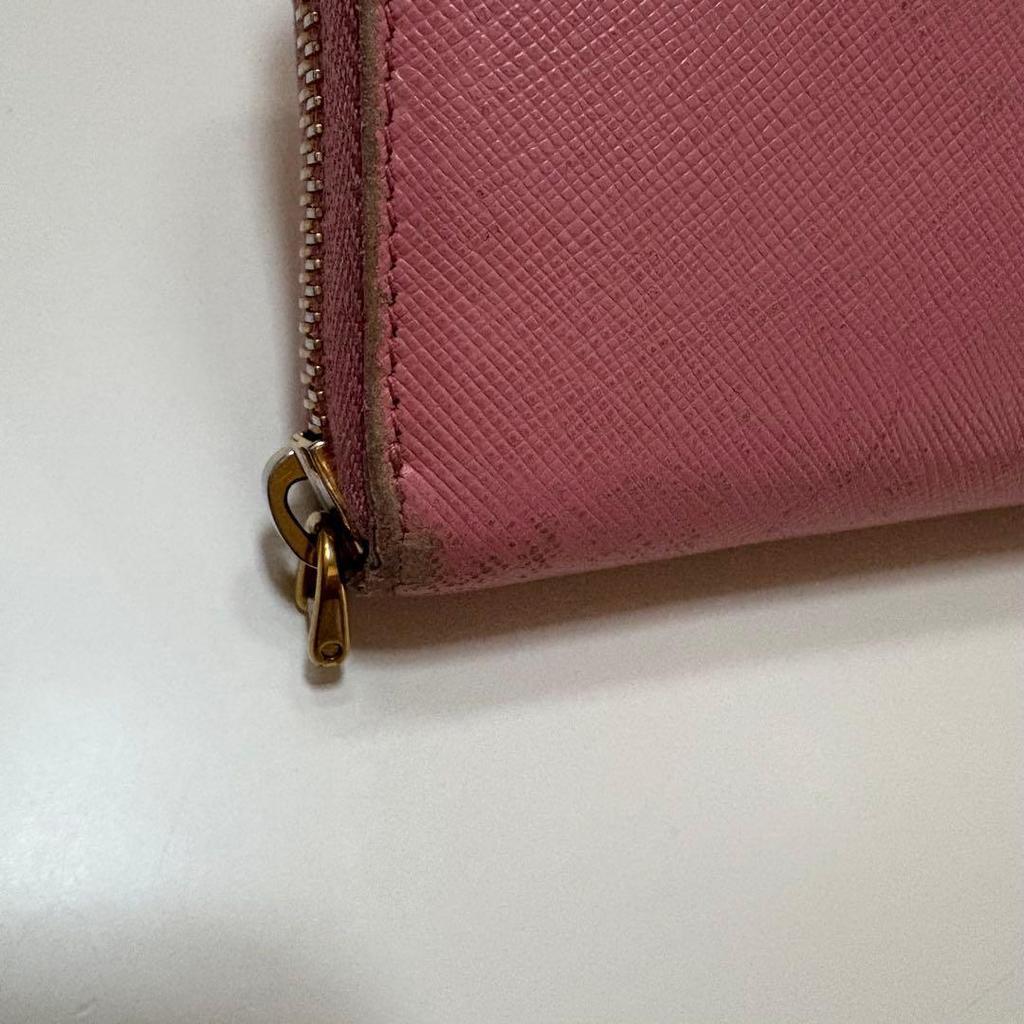 Used Prada Round Zipper Long Wallet Saffiano Logo Large Capacity Pink