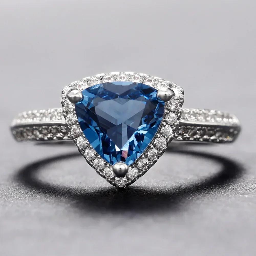 Gift Ring Women'S Wedding Trend Love Jewelry, Triangular Geometry Blue Cubic Zirconia Gorgeous Anniversary Party Jewelry