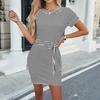 Women's Casual Fashion Sexy Round Neck Cap Sleeve Waist Striped Dress