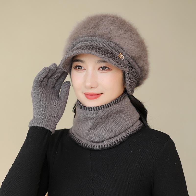 Dicke warme Wintermütze für Damen, Ohrenschützer Kaninchenfell Strickmütze, Kälteschutzmütze zum Reiten
