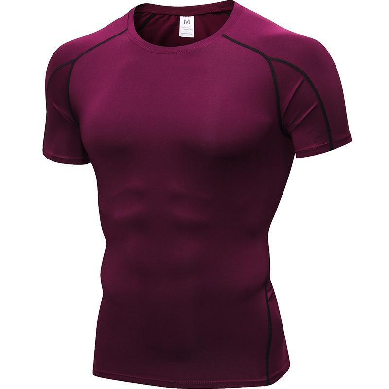 Men Gym Workout Short Sleeve Compression Shirt Tight Fit Quick Dry Athletic Top Black Red
