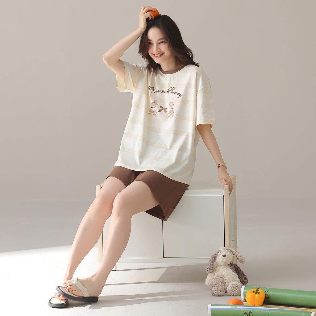 Pure cotton pajamas women's 1011 new summer casual style soft short-sleeved shorts loose and wearable loungewear set