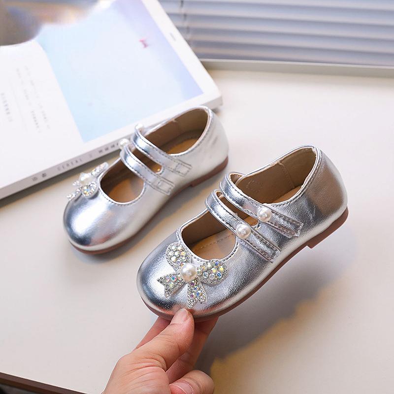 New Children's Leather Shoes Luxury Rhinestone Bowtie Kids Shoes for Girl Sweet Elegant Princess Fashion Ballet Shoes Versatile