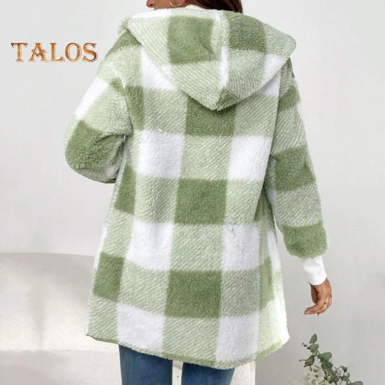 Wintermantel für Damen, Kontrastfarbe, Karomuster, dick, doppelseitig, mit Kapuze aus Samt, offene Nähte, elastische Bündchen, lockerer, warmer Mantel