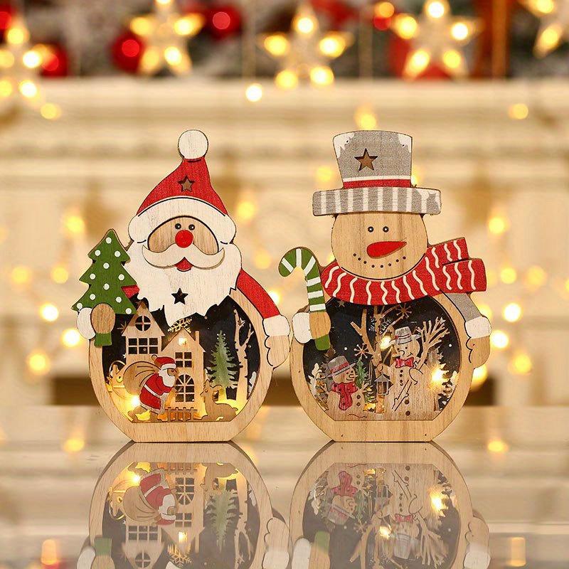 1 Set Christmas Wooden Ornaments with LED Lights, Santa and Snowman 3D Holiday Figures, Battery Operated ,AAA x 2, Not Included, Festive Home Decor,