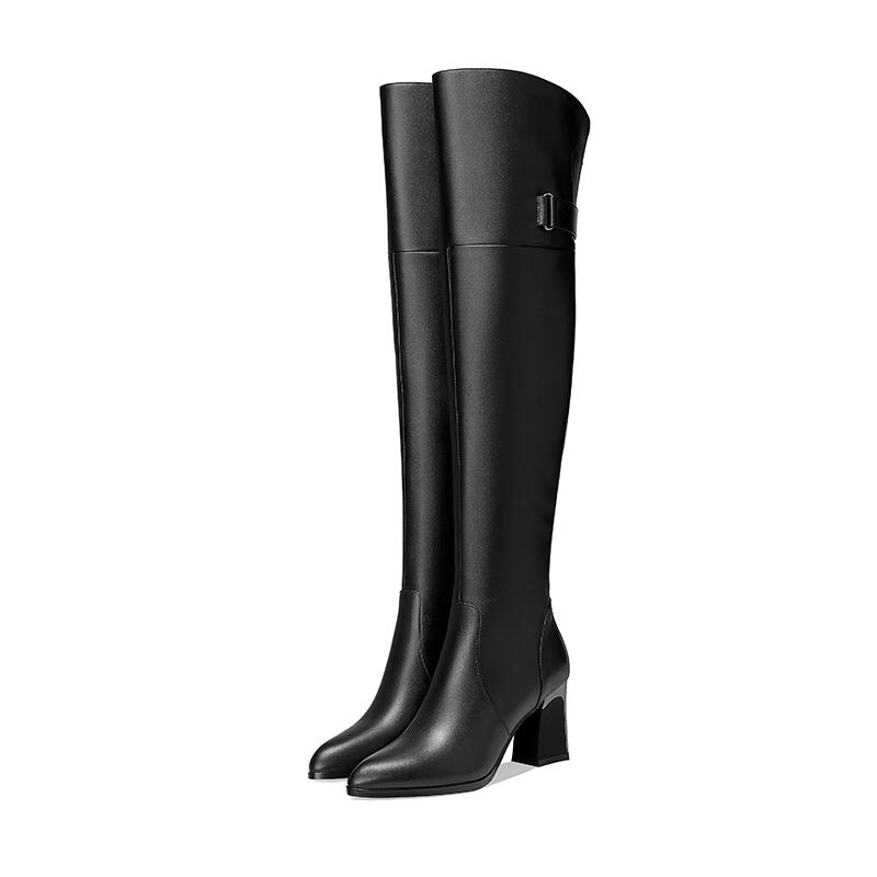 Fashion Kaky's New Pointed Thick High Heels, Genuine Cowhide, Large Size Women's Boots, Long Boots, High Sleeve Boots, Over Knee Boots,