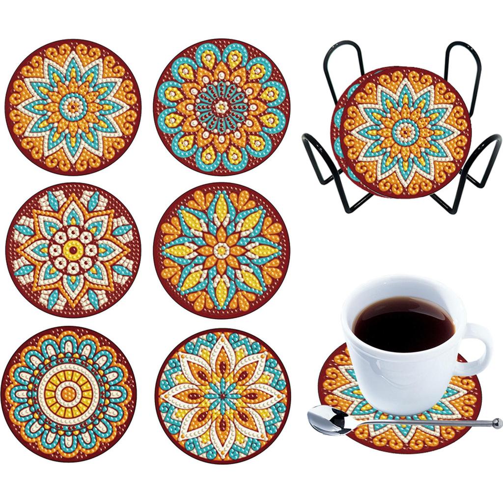 6PCS Diamond Painting Coasters Kits Mandara Wooden Diamond Crafts Coasters Fresh Greenery Diamond DIY Coasters Romantic Red Rose