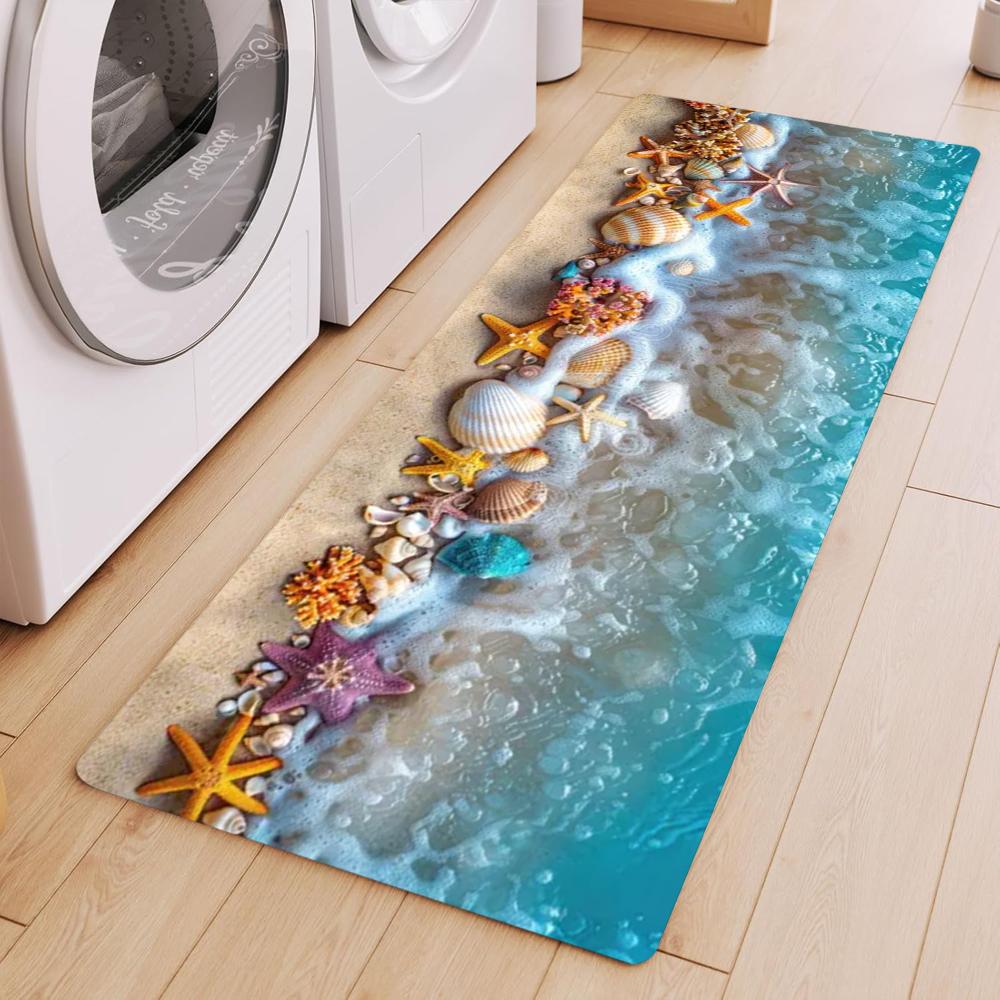 Ocean Beach Scene Runner Rug Sand Ocean Wave Starfish Shells Coral Print Carpet Soft Non-Slip Floor Mat for Hallway Entryway