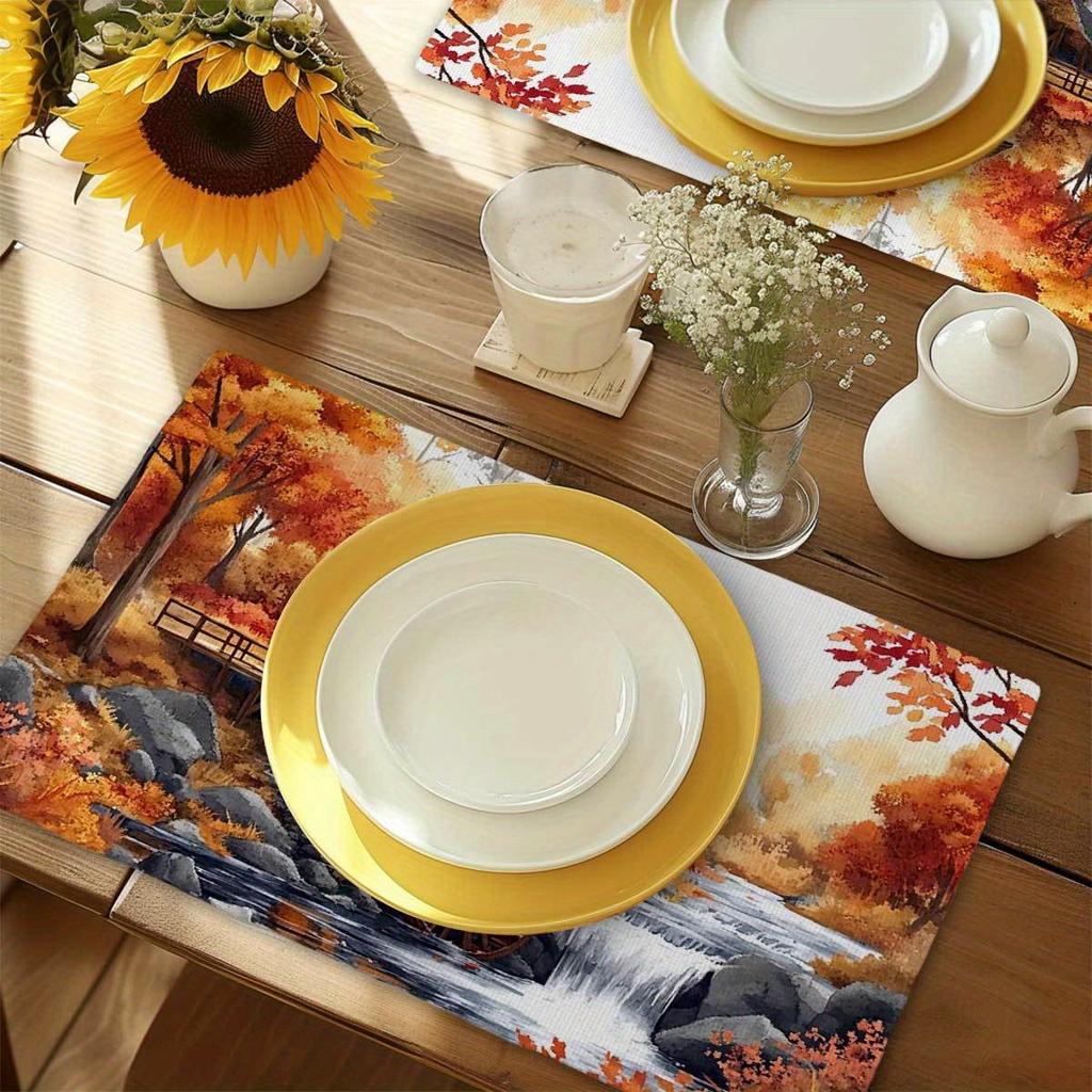 4pcs Set of Placemats 12x18 Inches - Autumn Water Wheel Stream Scenery Placemats for Holiday Gatherings, Camping, Travel, Countr