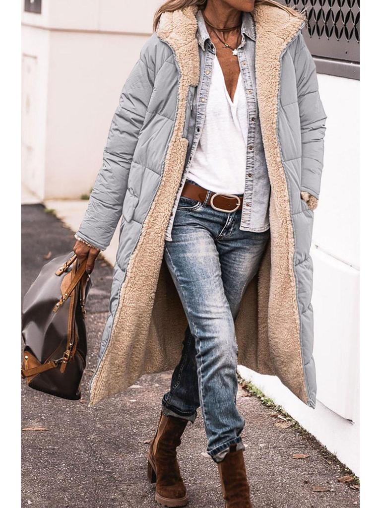 Women's Solid Color Hooded Cotton Coat, Long Sleeve, Slim Fit, Double-Sided Wear Cardigan Jacket