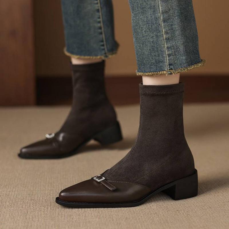 Autumn and Winter Elastic Suede Martin Boots Sleeve Solid Color Large Size Women's Boots New Middle Heel Pointed Soft Sole Medium Boots