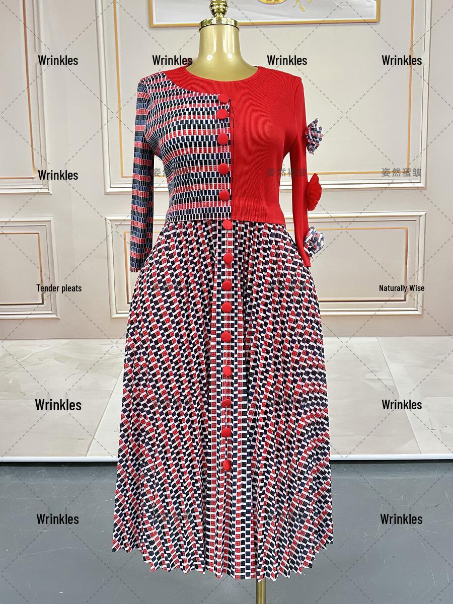 Miyake Plaid Pleated Long Sleeve Plus Size Dress - European & American Style One Size красный