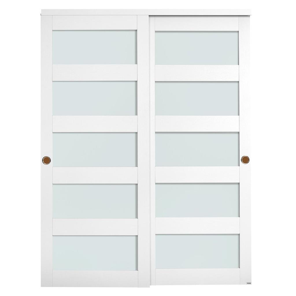 Sliding Closet Door, 1524mm (Double 787mm) x 2032 mm, 5-Lite Frosted Glass Bypass Sliding Doors with Hardware Kit, Solid Wood & MDF Slab with