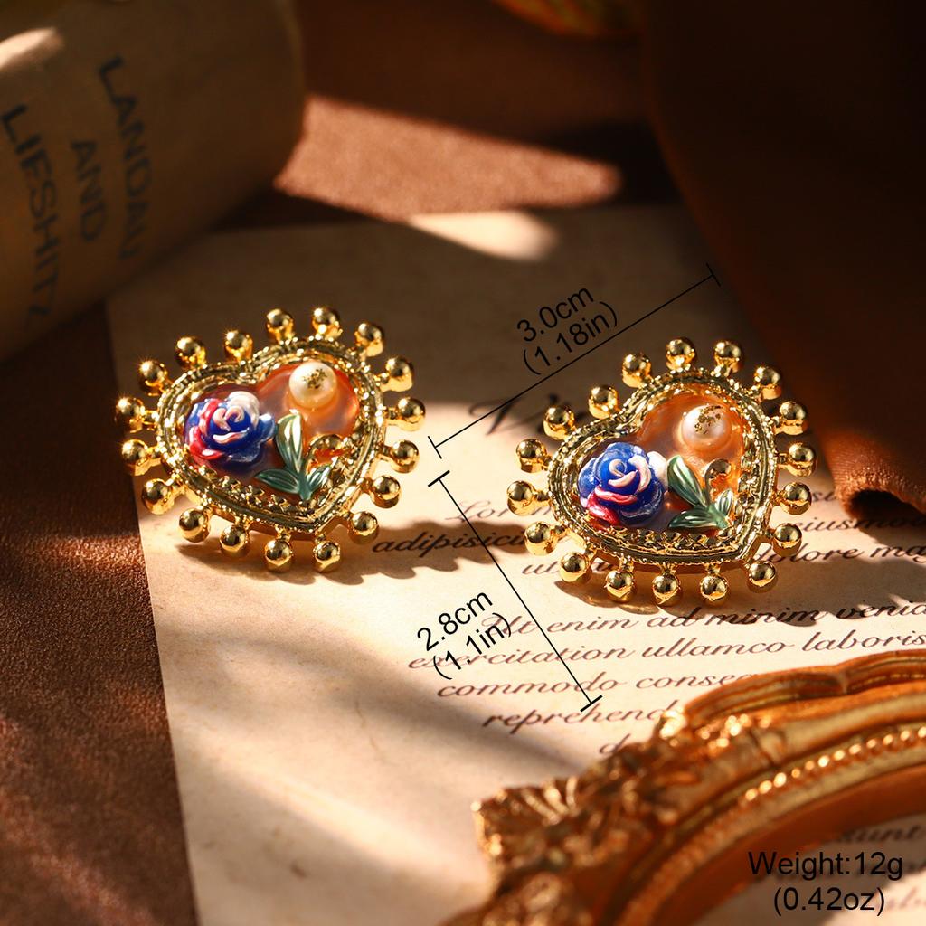 French court style natural pearl oil painting series niche high-end earrings retro new love geometric earrings women