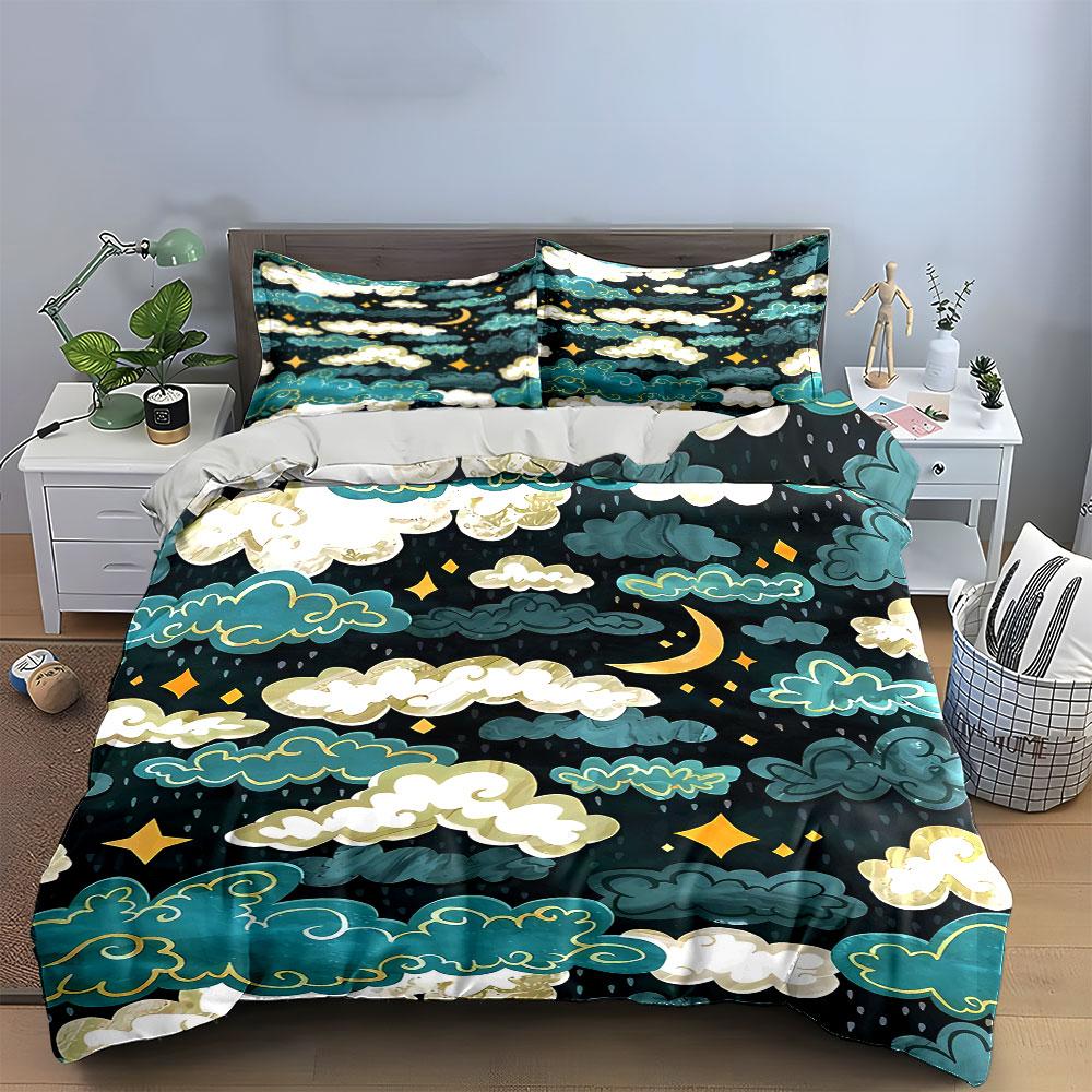 Clouds, crescent moon, stars. Bedding sets Duvet cover sets Duvet covers Pillowcases(1 * Duvet Cover 2 * Pillowcases without duvet insert)