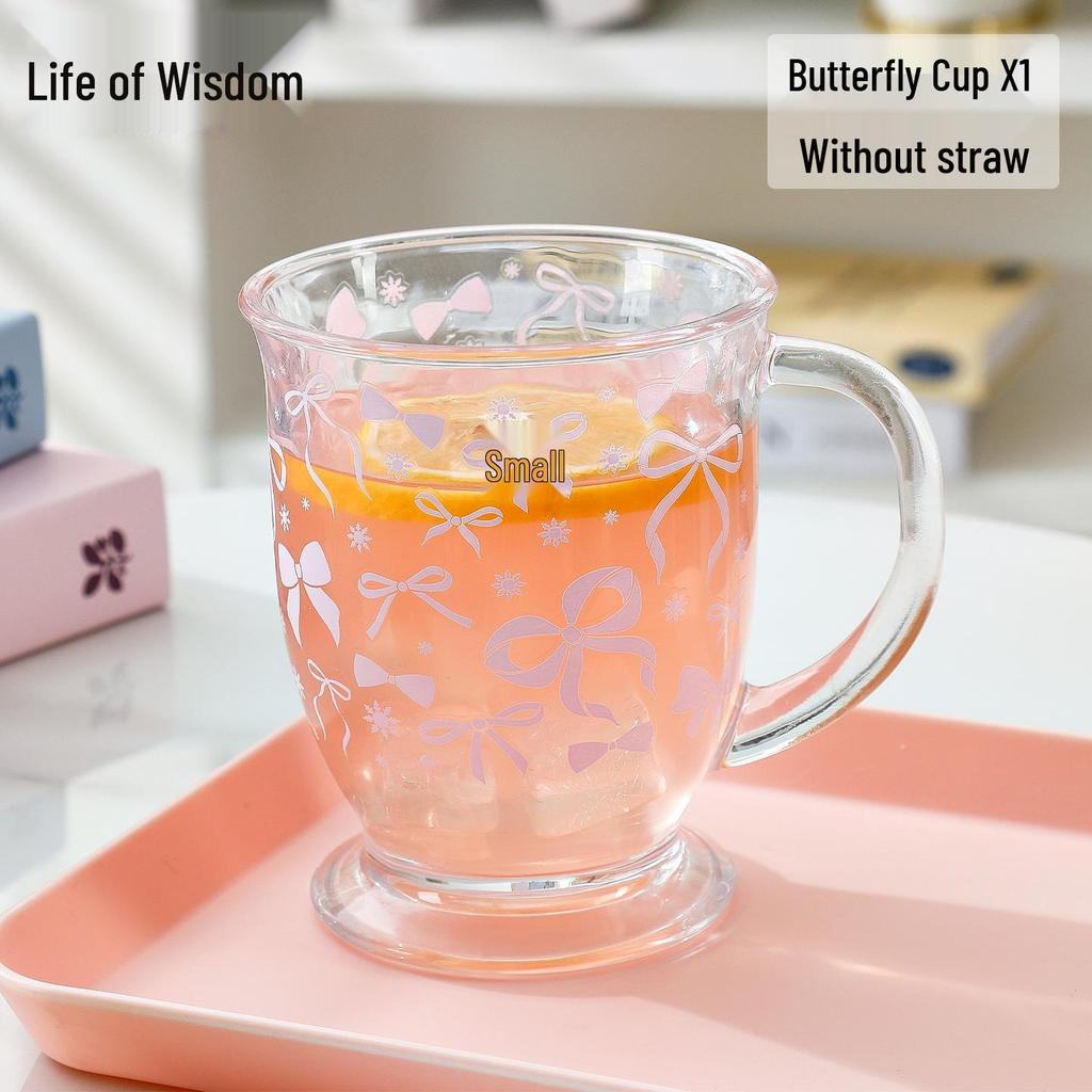 Floral Bow Large Capacity Glass Cup with Handle