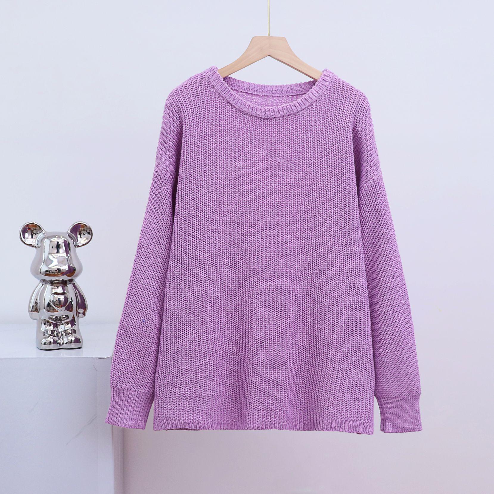 Autumn/Winter Women s Loose Round Neck Solid Color Knit Cardigan Sweater Small фиолетовый