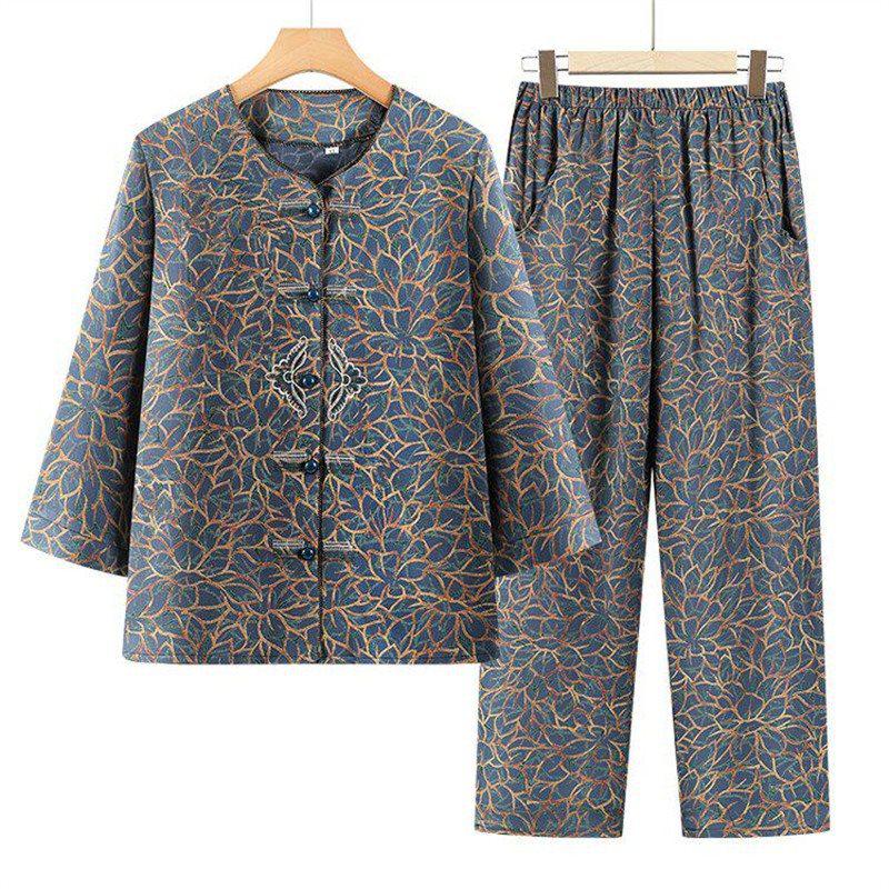 

Plus Size Loose Two-Piece Set: Comfy Spring & Autumn Home Wear Pants and Top for Middle-Aged Women 2XL 105-120 jin синій
