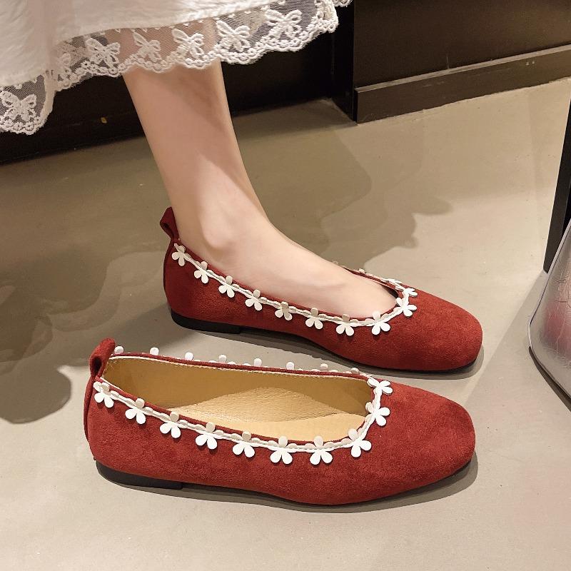 2025 New  French Flower Ballet Shoes Women's Inside Heightening Summer Shallow Slip-On Suede Single