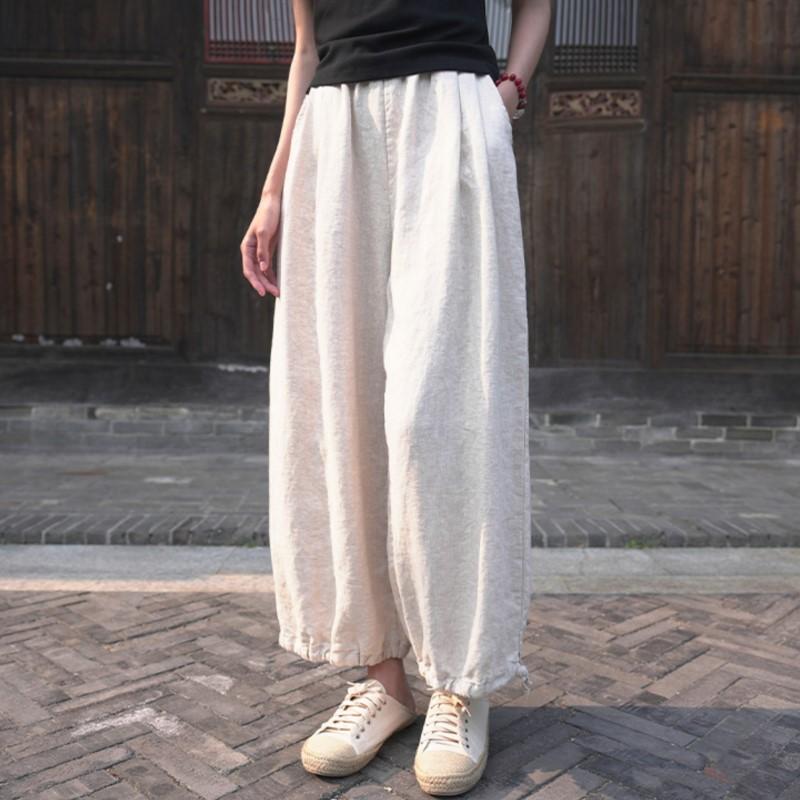 Johnature Pantaloni drepți din bumbac și in pentru femei Pantaloni de toamnă de culoare solidă Buzunare cu talie elastică Pantaloni vintage până la gleznă