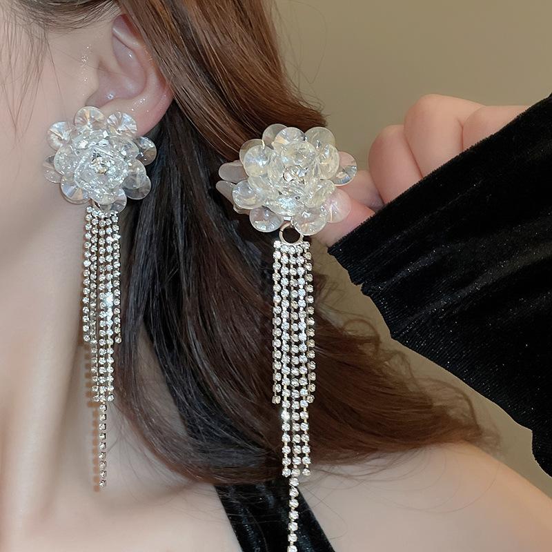 Elegant Crystal Flower Petal Rhinestone Tassel Earrings for Women