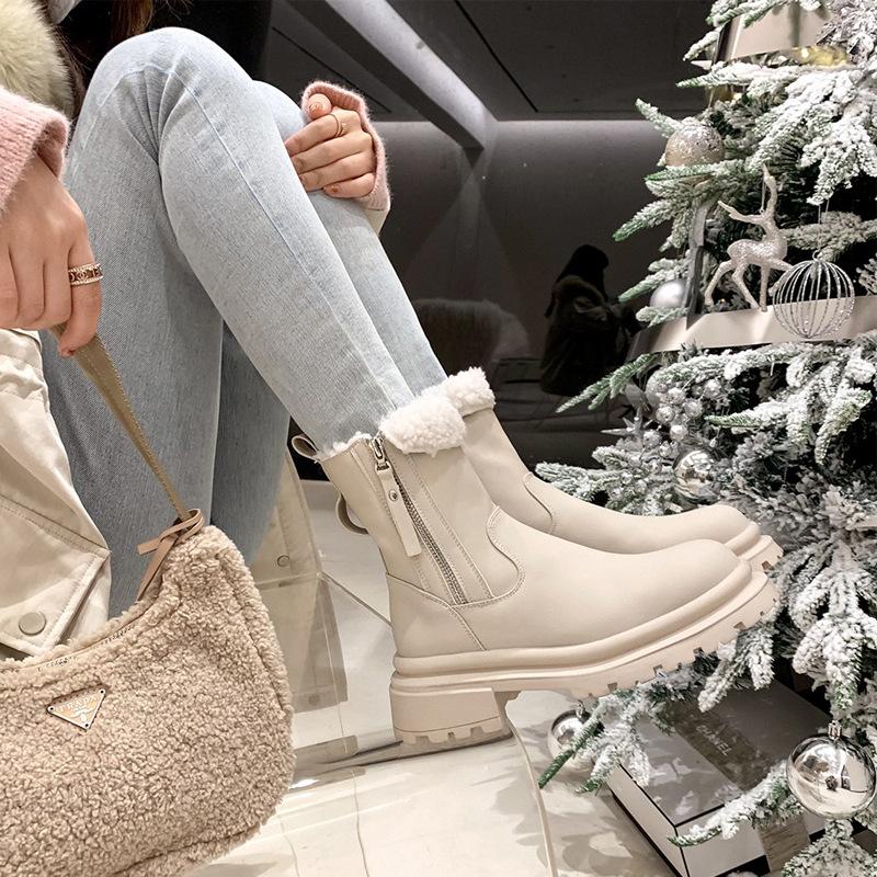 2025 winter new thick-soled side zipper lamb wool snow boots thickened fleece thick heel thick-soled Martin boots
