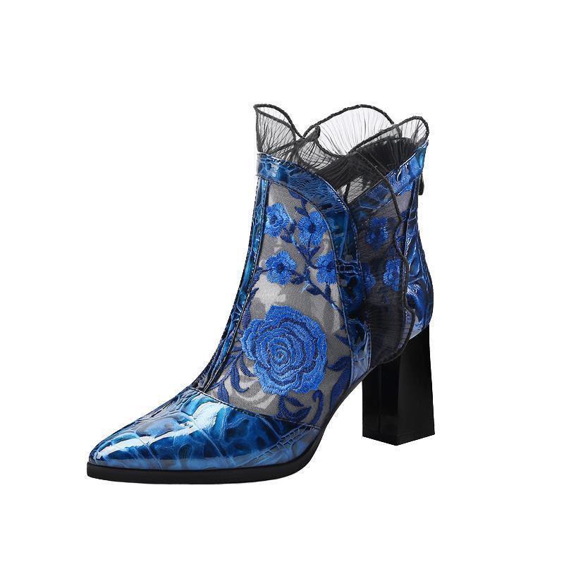 Fashion Cool Boots Summer New Ethnic Style Flower Mesh Sexy High Heels Thick Heel Breathable Embroidery