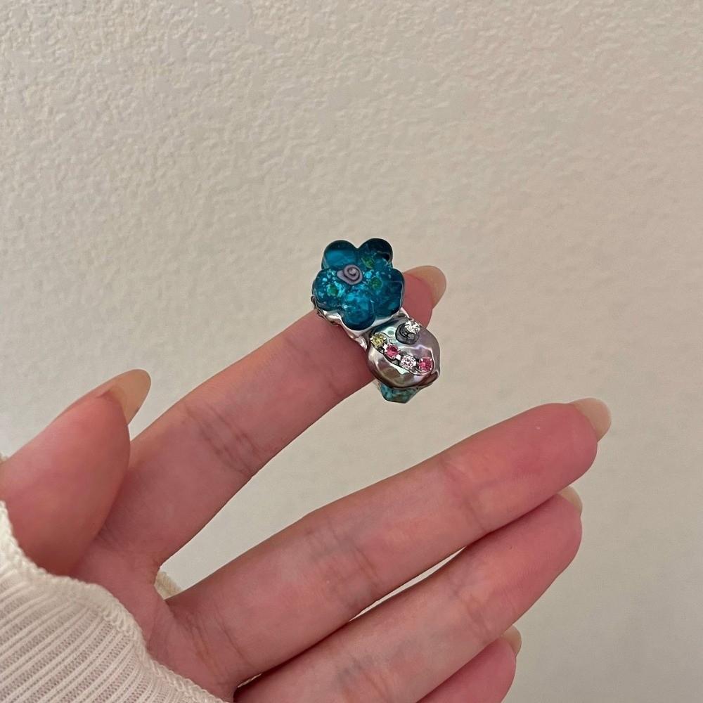 Stackable Glass Flower Ring Rhinestone Western Geometric Ring Fashion Turquoise Rings  Jewelry