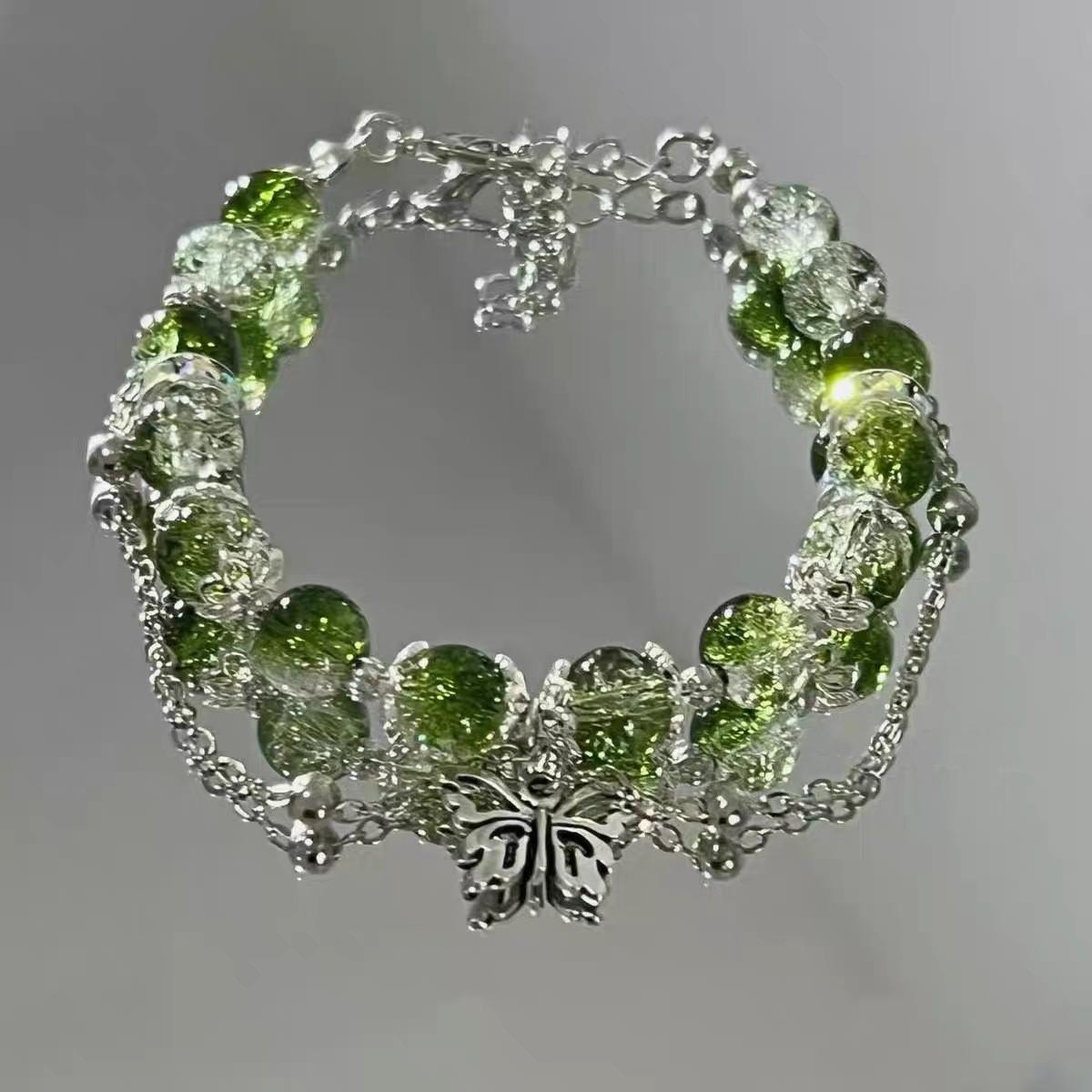 

Korean Fashion Green Crystal Beads Bracelet for Women Girls Sweet Cute Lotus Feather Tassel Charm Bracelet Party Wedding Zircon