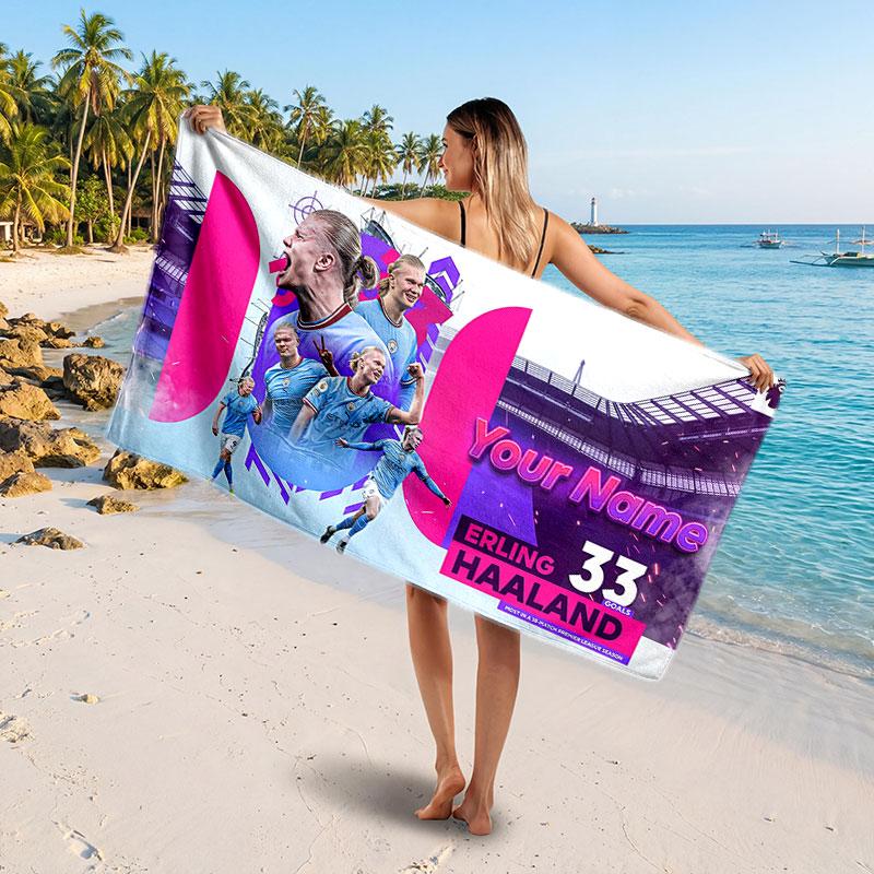 Erling Haaland Custom Beach Towel, Personalized Name Text Print, Football Logo Soft Quick‑Dry Towel Holiday Gift