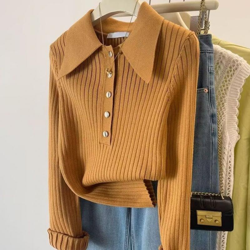 

Lapel knitted bottoming shirt women s autumn and winter new sweater feeling slim and thin shoulder top One size fits all