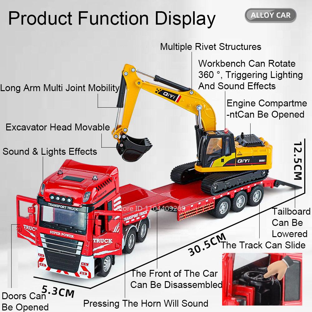 1:48 Flatbed Car Excavator Model Toy Alloy Body Movable Joint Music Light Sliding Engineering Vehicle Models Hobby Ornaments