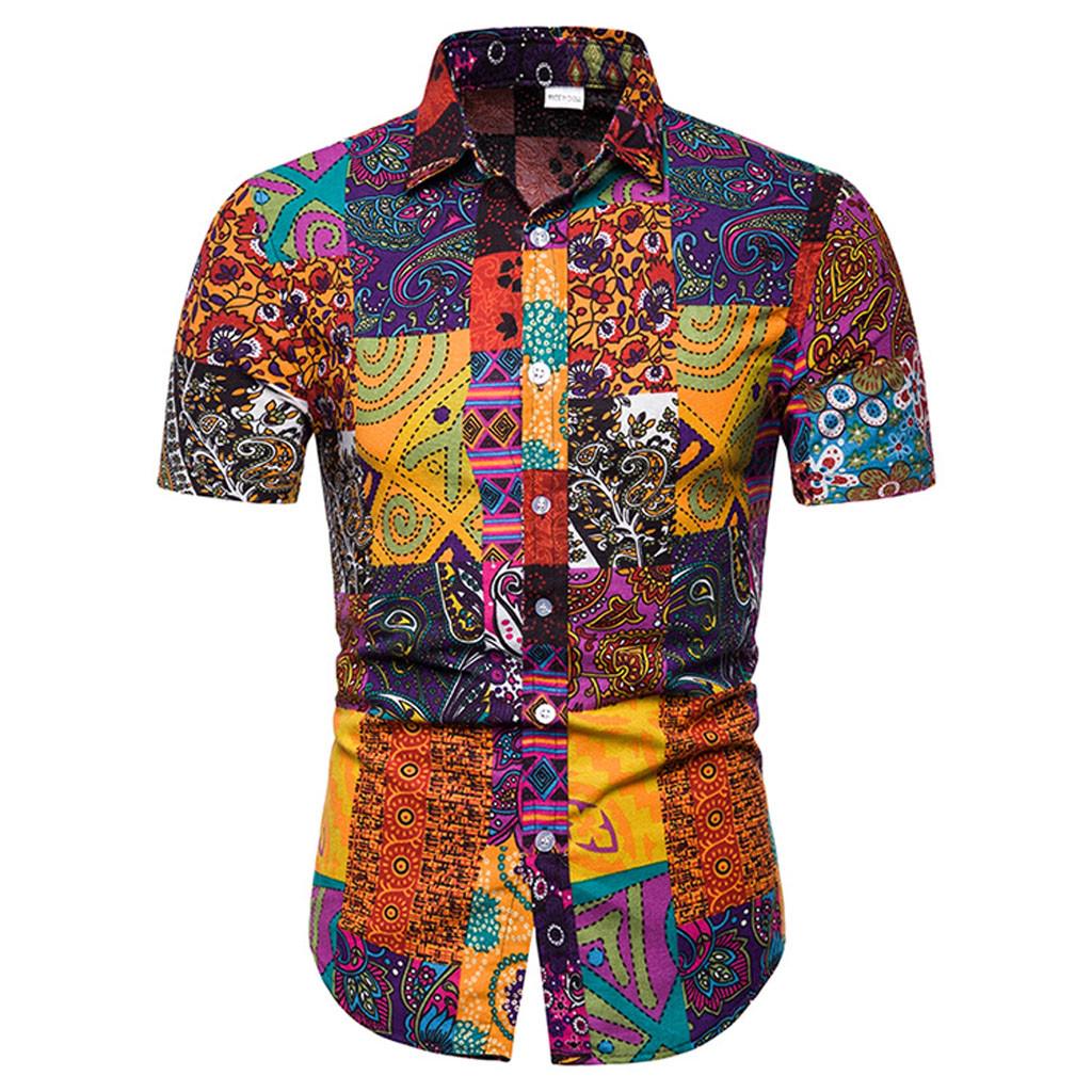 Mens Summer Print Turn-Down Collar Slim Fit Short Sleeve Top Shirt Blouse Mens Summer Print Turn-Down Collar Slim Fit Short Sleeve Top Shirt Blouse