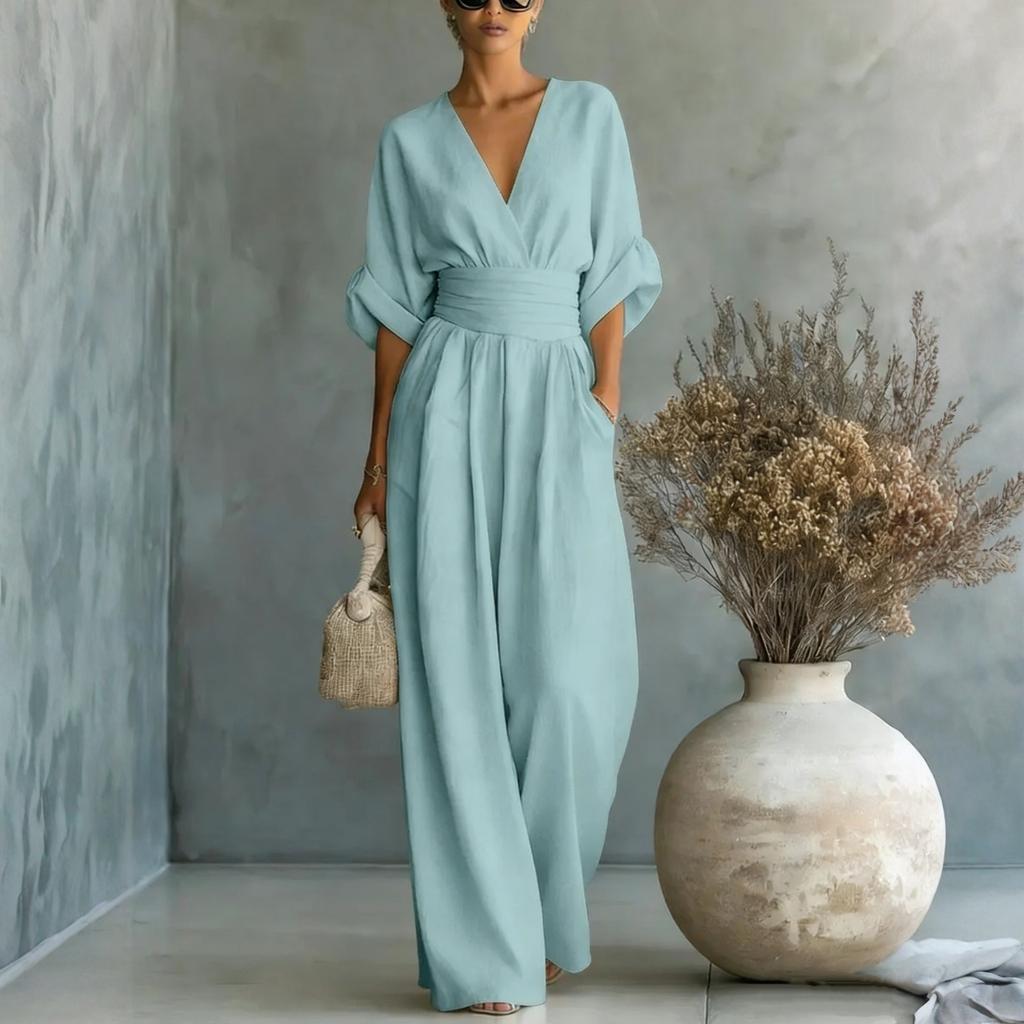 Tuta Elegante da Donna a Gamba Larga con Scollo a V e Cintura