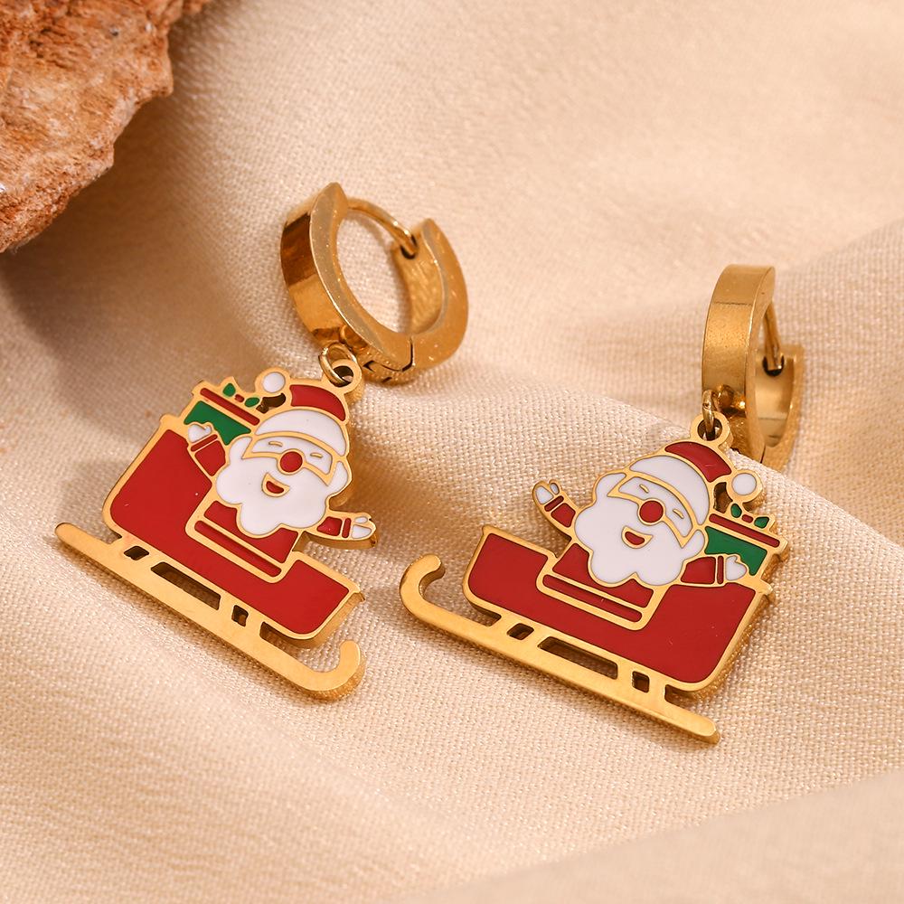 European-American Fashion Cartoon Santa Sleigh Earrings, 18K Gold Plated Stainless Steel, Christmas Drop Oil Design.