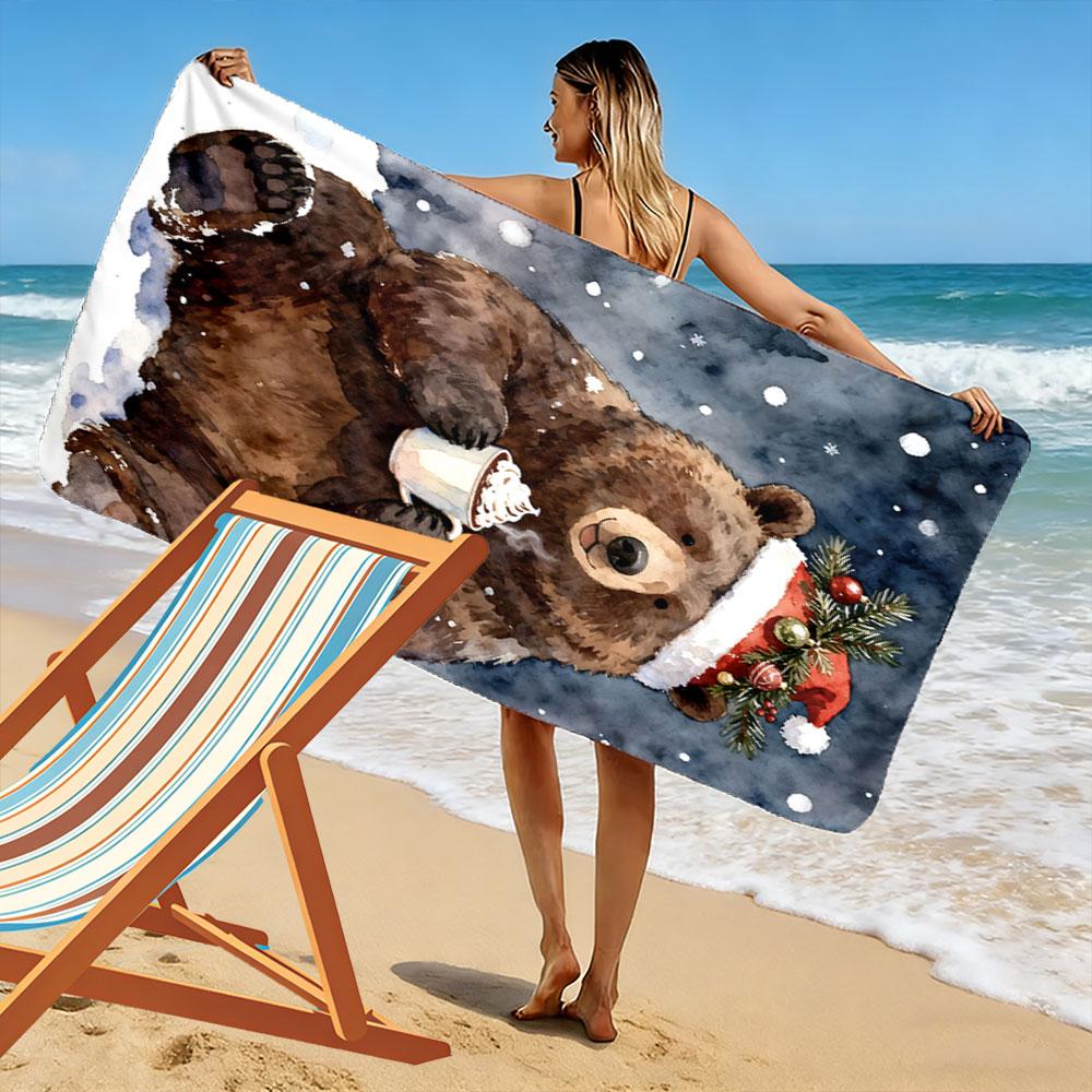 Cozy bear holiday vibes Print beach towel, quick drying, suitable for travel, outdoor sports, jogging, the beach and swimming, gift