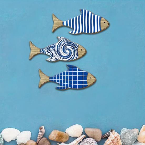3 Pcs Summer Wooden Nautical Coastal Theme Fish Wall Decor Fish Wall Sculpture
