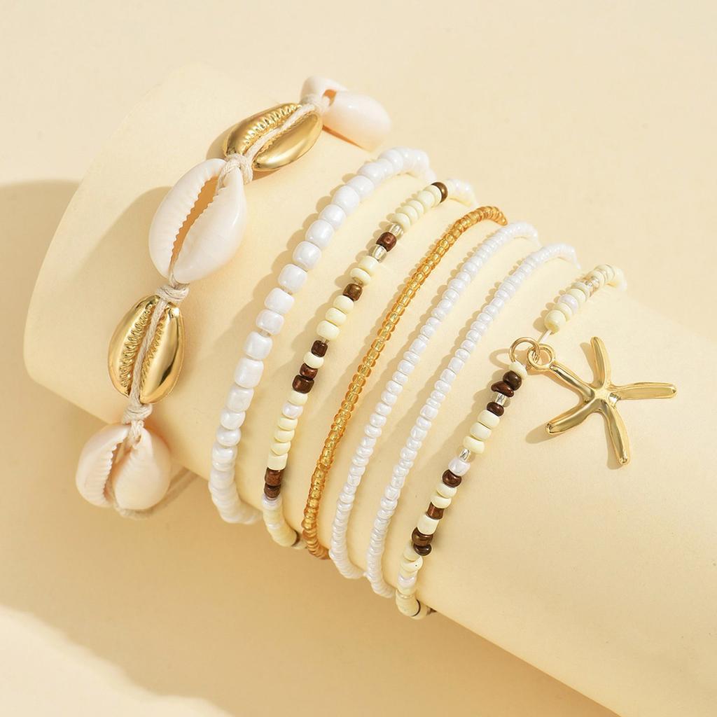 7Pcs Fashion Bohemian Shell and Starfish Beaded Bracelets Unique Bangles for Summer Elegant Beach Vacation Jewelry