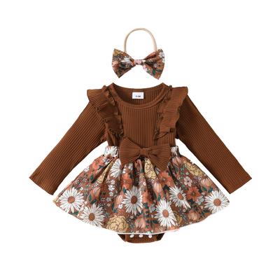 Baby Girl Fall Outfit, Flower Print Ruffle Trim Long Sleeve Romper Dress Bow Headband 2 Piece Set